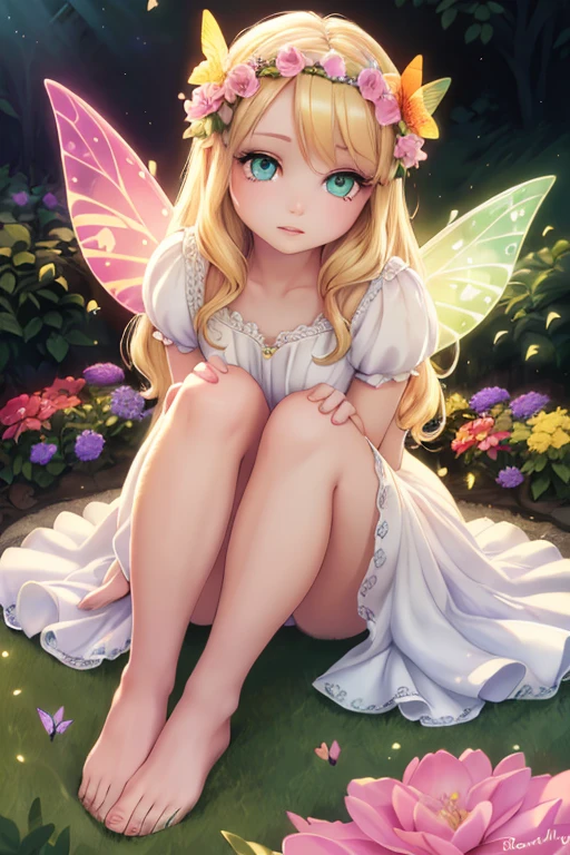 1 fairy girl, portrait, garden, flowers, butterflies, hummingbirds, bees, sitting on grass, flower crown, blonde hair, green eyes, fair skin, fairy wings, white dress, barefoot, (best quality, 4k, 8k, high-res, masterpiece:1.2), ultra detailed, (realistic, photorealistic, photorealistic:1.37), surreal, hyper detailed, fantasy, vibrant colors, dramatic lighting, volumetric lighting, beautiful detailed eyes, beautiful detailed lips, extremely detailed eyes and face, long eyelashes, mystical, ethereal