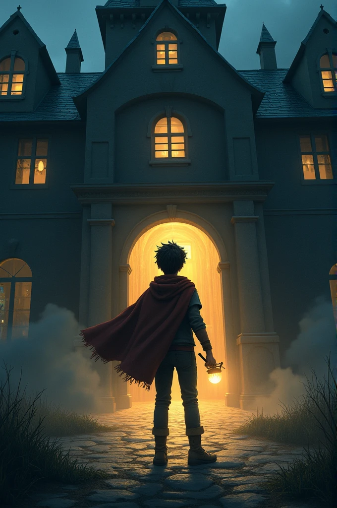 Aryan, a courageous and curious boy, is shown holding a glowing lamp in one hand and a magic wand in the other. He stands at the large, creaky entrance of the mansion, ready to venture inside despite the ominous aura around him.