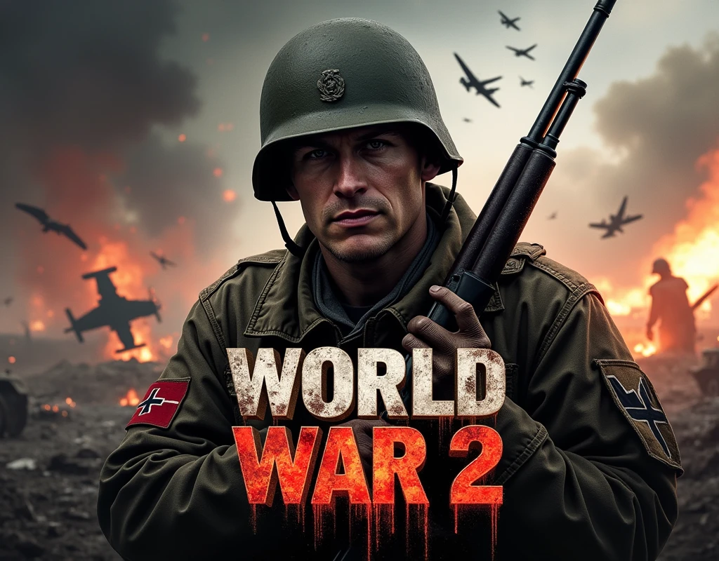 Create a YouTube thumbnail about “World War 2” with a dramatic and intense visual style. The background should include a war-torn battlefield scene with smoke, explosions, and debris. Place iconic symbols like a broken Nazi flag, tanks, and soldiers charging. On one side, depict a soldier in a helmet with a determined expression, gripping a rifle. On the opposite side, show a warplane in mid-flight with bullets or missiles shooting out. Use bold, large text for the title “World War 2” in strong, metallic, or distressed font, with a fiery glow or shadow for emphasis. The overall color scheme should have dark, moody tones, with flashes of orange and red to convey action and urgency. The thumbnail should feel epic, historical, and gripping.
