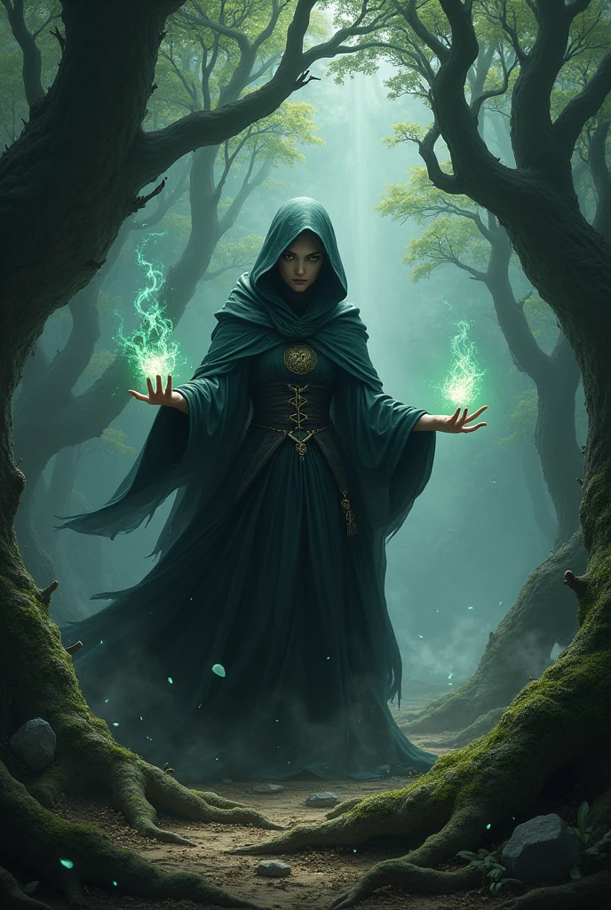 Witch in the woods casting spells 