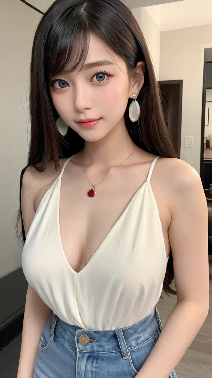 （３２hair,High resolution,Attention to detail,High resolution,high density,alone,In addition：1.3）,（A realistic person々,Live Action,fine grain,High resolutionの目,Beautiful Eyes,Eyes that look alive,Beautiful deep black eyes,Fishing eyes,Detailed lips,Translucent white skin,Realistic face in every detail：1.3）,（Japanese Ido,hairorean Idols,Japanese Model,hairorean models,hairorean hair-Pop Female Idols：1.2）,（blush,Natural Makeup,necklace,Earrings,へそEarrings：1.4）Beautiful casual look：1.6）,（Shapely breasts：1.5）,（Young but very beautiful hairorean１ ,Fashion Leader,Fashion Model,Soft Skin,Unforgettable Eyes,Her eyes are so beautiful,Cutting-edge fashion：1.6）,（Please show me your whole body,Showing off full-body fashion,Stylish blue eyes：1.7）（Random Trend Fashion:2.0）smile、Angel&#39;のsmile、