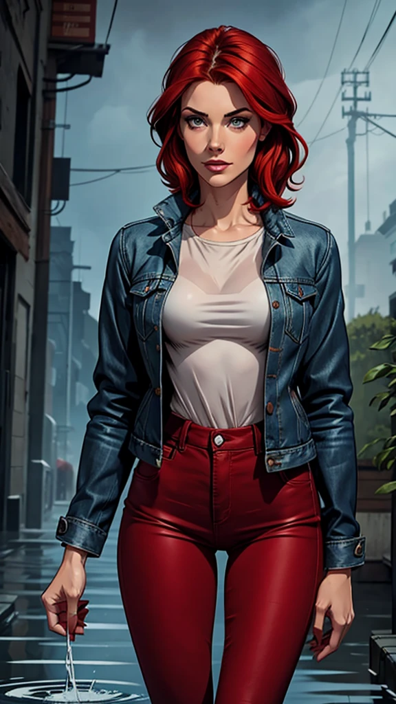 brunette woman , , thin and small, pans denim, gray blouse and waterproof jacket , red hair, beauty. Comic style