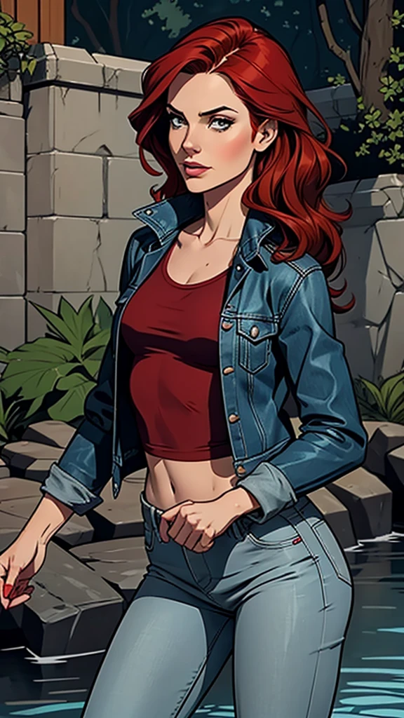 brunette woman , , thin and small, pans denim, gray blouse and waterproof jacket , red hair, beauty. Comic style
