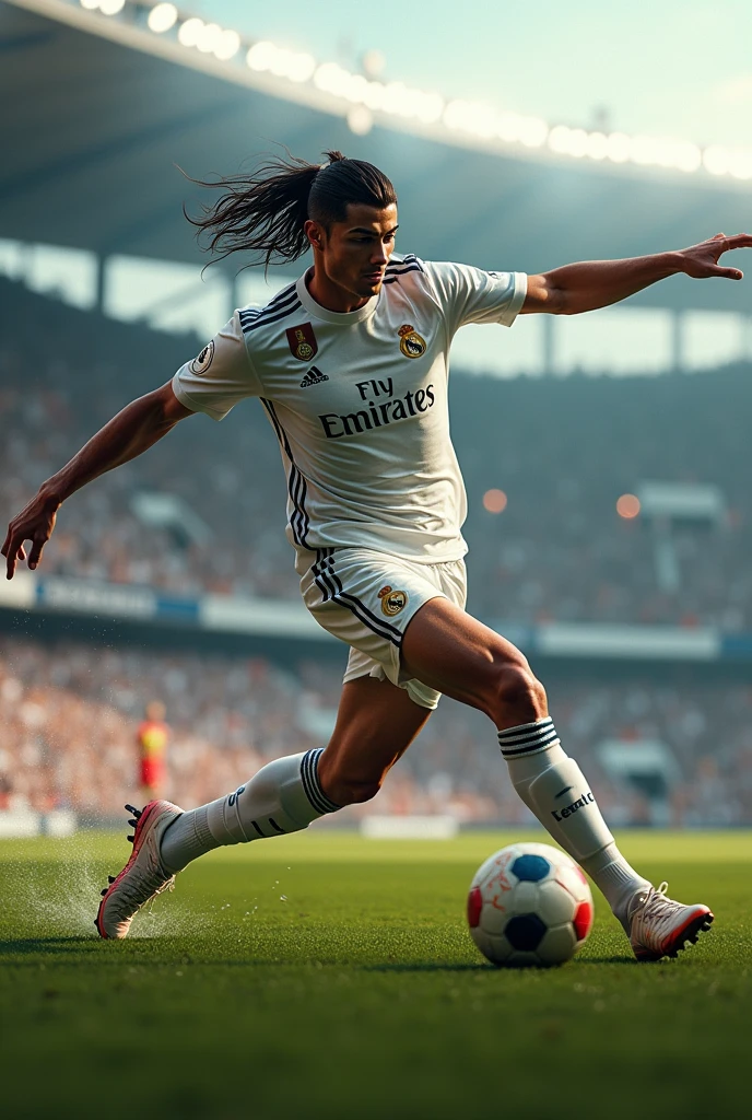 *Cristiano Ronaldo en Action** :
   "Cristiano Ronaldo effectuant un tir puissant pendant un match de football, avec le ballon en pleine trajectoire. Son maillot est collé au corps, ses cheveux en bataille, et le stade plein de fans  Cristiano Ronaldo, tir, match de football, concentration, passion."real madrid