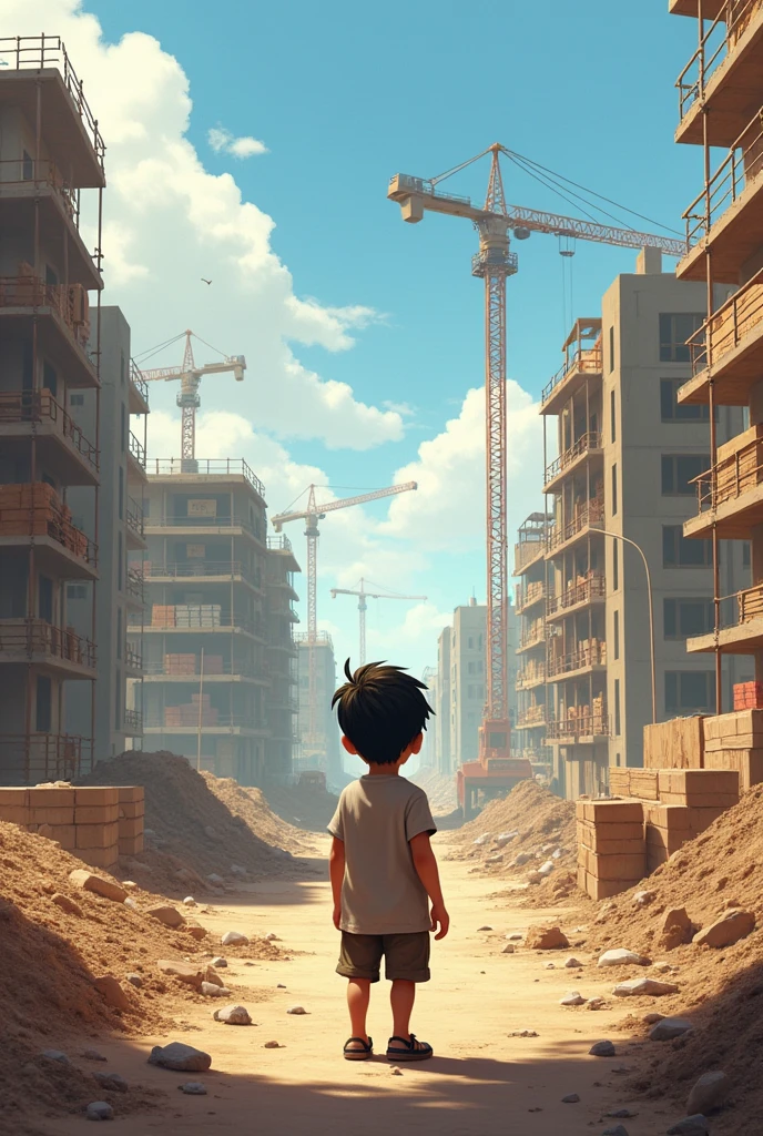 A boy standing in front of an underconstruction town and watching it