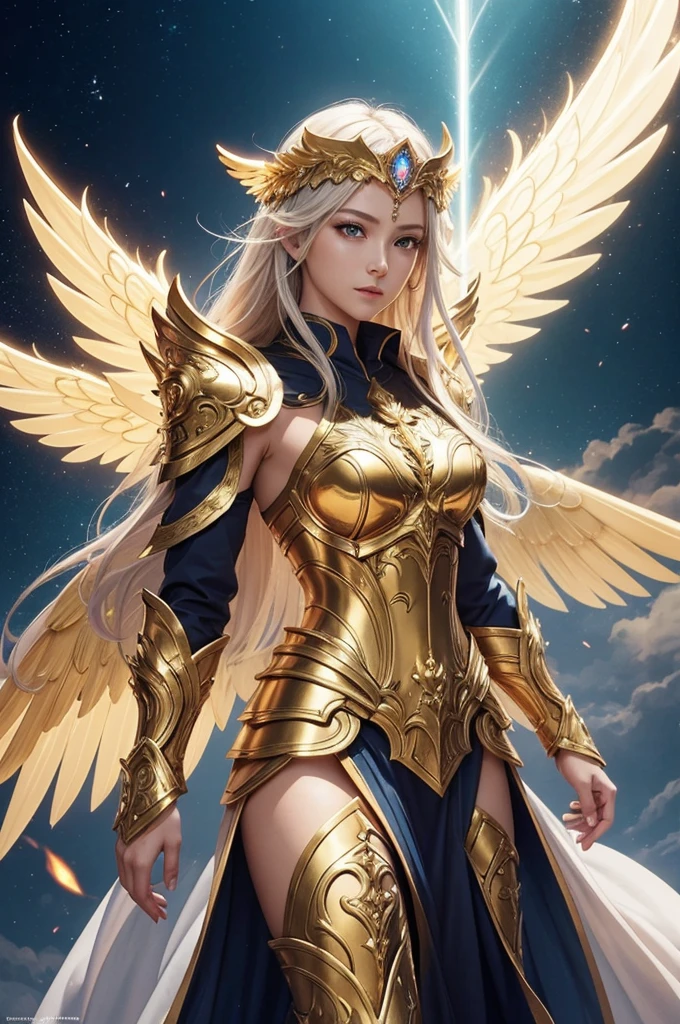 Create an epic character design of a male warrior with a majestic golden armor, adorned with intricate details and ornate patterns. The character should have large, radiant golden wings resembling those of an angel, glowing with divine energy. Behind the character, add swirling, golden divine effects, such as halos, light beams, and ethereal symbols, creating a heavenly aura. The armor should have a highly polished, reflective surface with subtle engravings and gemstones embedded. The background should be a celestial landscape with clouds and a luminous aura, with rays of light shining through the wings. The overall style should be inspired by manga and manhwa, featuring sharp lines, vibrant colors, and expressive features, emphasizing both the power and grace of the character