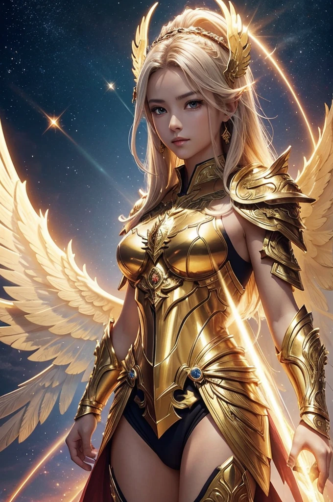 Create an epic character design of a male warrior with a majestic golden armor, adorned with intricate details and ornate patterns. The character should have large, radiant golden wings resembling those of an angel, glowing with divine energy. Behind the character, add swirling, golden divine effects, such as halos, light beams, and ethereal symbols, creating a heavenly aura. The armor should have a highly polished, reflective surface with subtle engravings and gemstones embedded. The background should be a celestial landscape with clouds and a luminous aura, with rays of light shining through the wings. The overall style should be inspired by manga and manhwa, featuring sharp lines, vibrant colors, and expressive features, emphasizing both the power and grace of the character