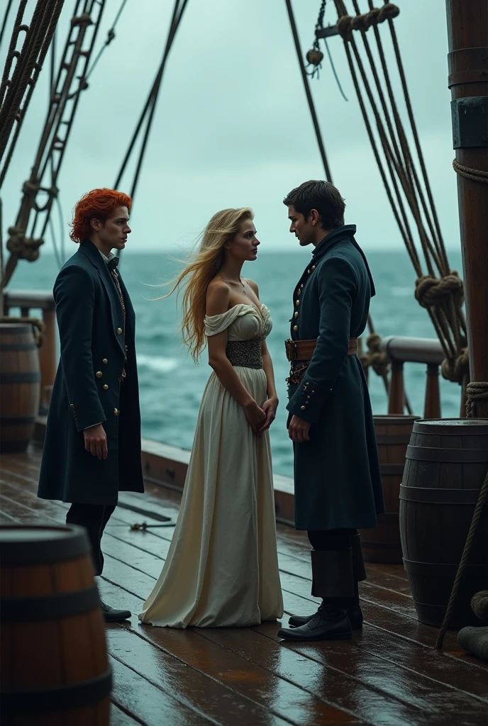 **Prompt:**

on the deck of a pirate ship, under a stormy sky, **Apocalypse** is not center, with her long golden hair flowing in the wind. She wears elegant clothes, but practices, that show their noble origin. she has her back, looking at the sea. To her right is **Cyrus Voss Grimhart**, with a cold and calculating expression, wearing dark, elegant clothes. Her black hair is slightly tousled by the wind, and his icy blue eyes are turned towards Apocalypse. To the left of Apocalypse, **Vance Shadowbane** watches her with a mixture of concern and admiration. He wears typical pirate clothes, her red hair also stirred by the wind. The deck is wet from the rain, with ropes and barrels around, while the rough sea reflects the tension between them. They are young and beautiful, don&#39;t forget that vance is redhead, cyrus tem a pale skin, The hair is short