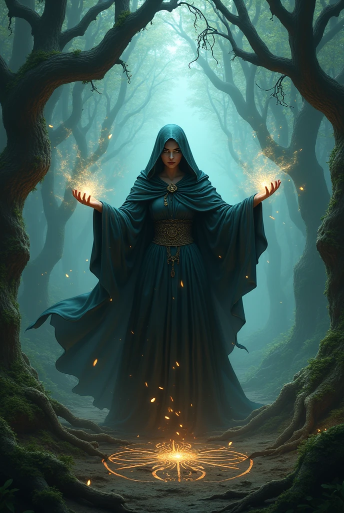 Witch in the woods casting spells 