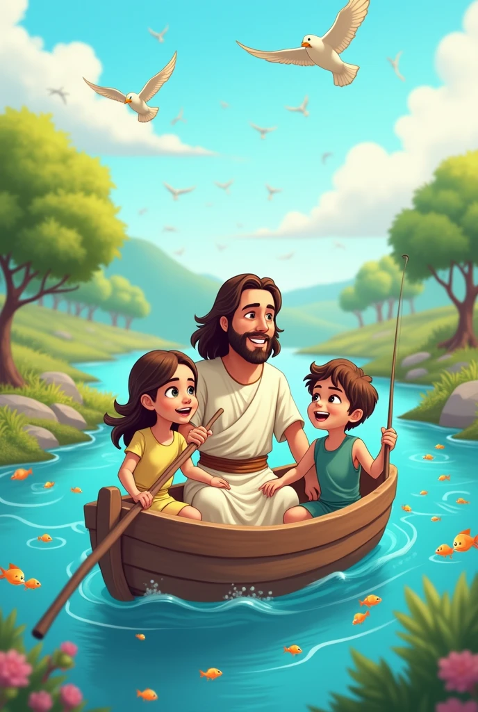 Cartoon of birds flying in the sky Jesus with a girl and a boy fishing in a boat and fish in the sea