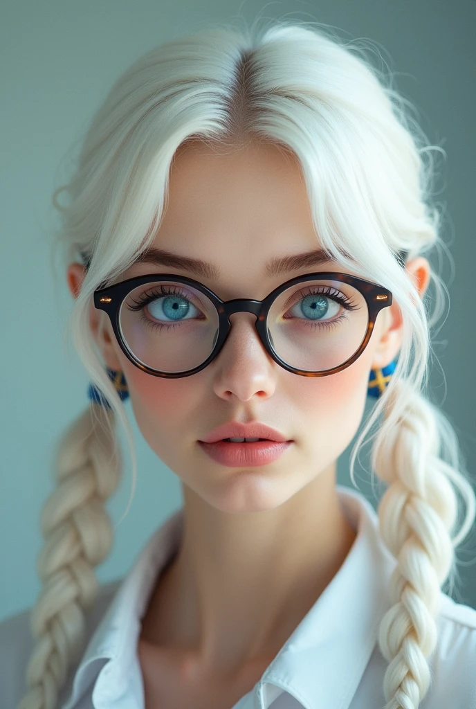 Woman with white hair and pigtails and glasses and bright blue eyes face photo 