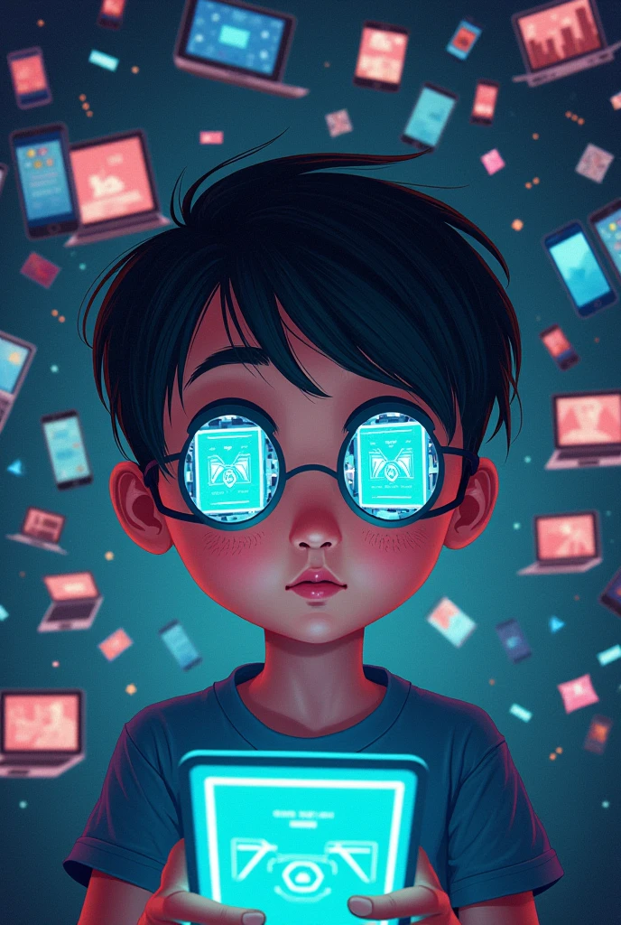 an illustration of a kid with his eyes you can see a cellphone in it, meaning he is addict to gadgets and in the background are tempting gadgets.