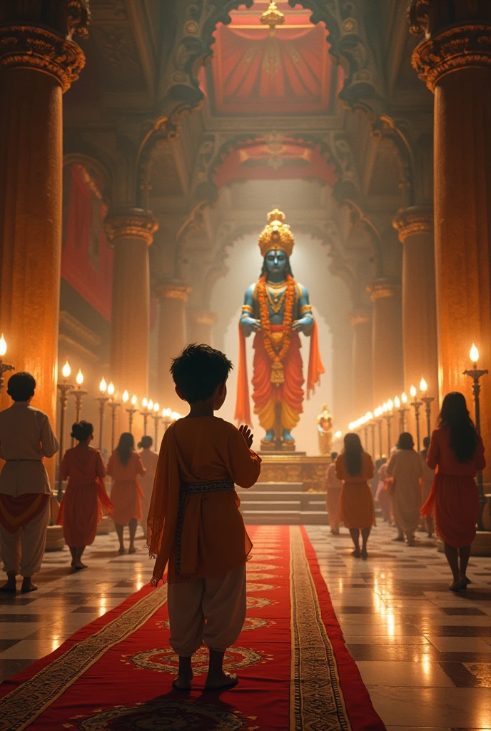 A boy are worship of godess krishn in temple and too people are worship but focus on a boy are rich