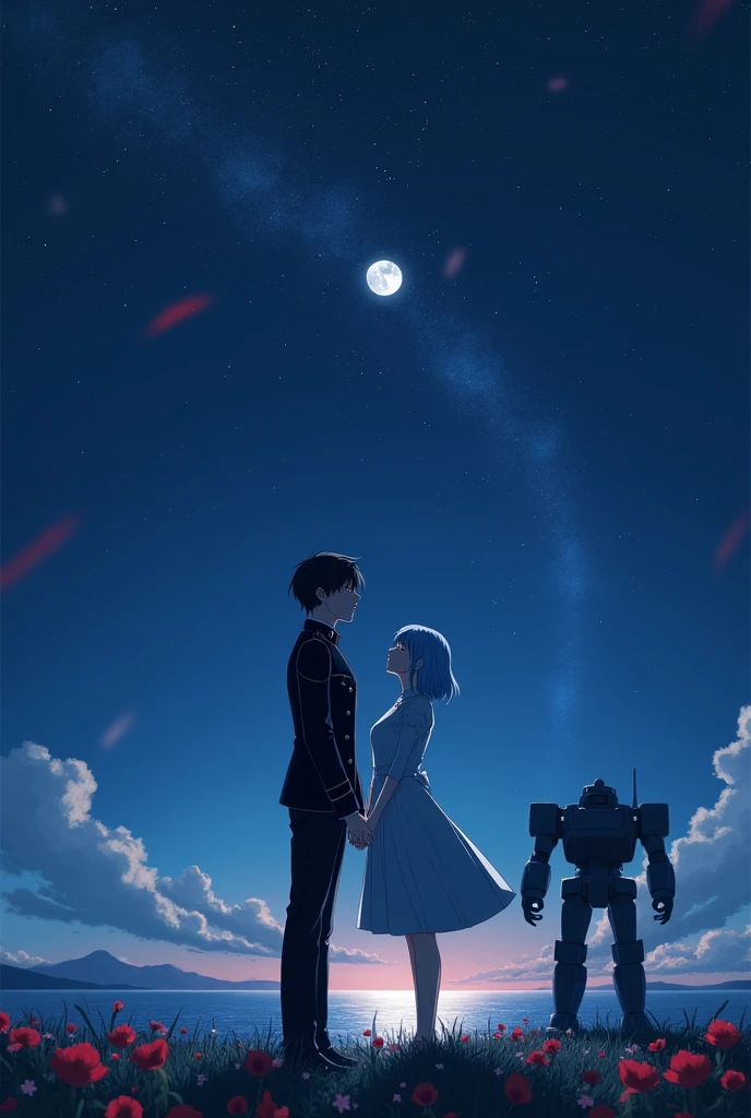 Two anime characters based on 86 anime, wearing military gala uniform, 1 male with black hair and female with very light sky blue hair, standing on a field of small red flowers looking up to the starry night sky with big moon, near a sea, shot from a far. With a small juggernaut robot