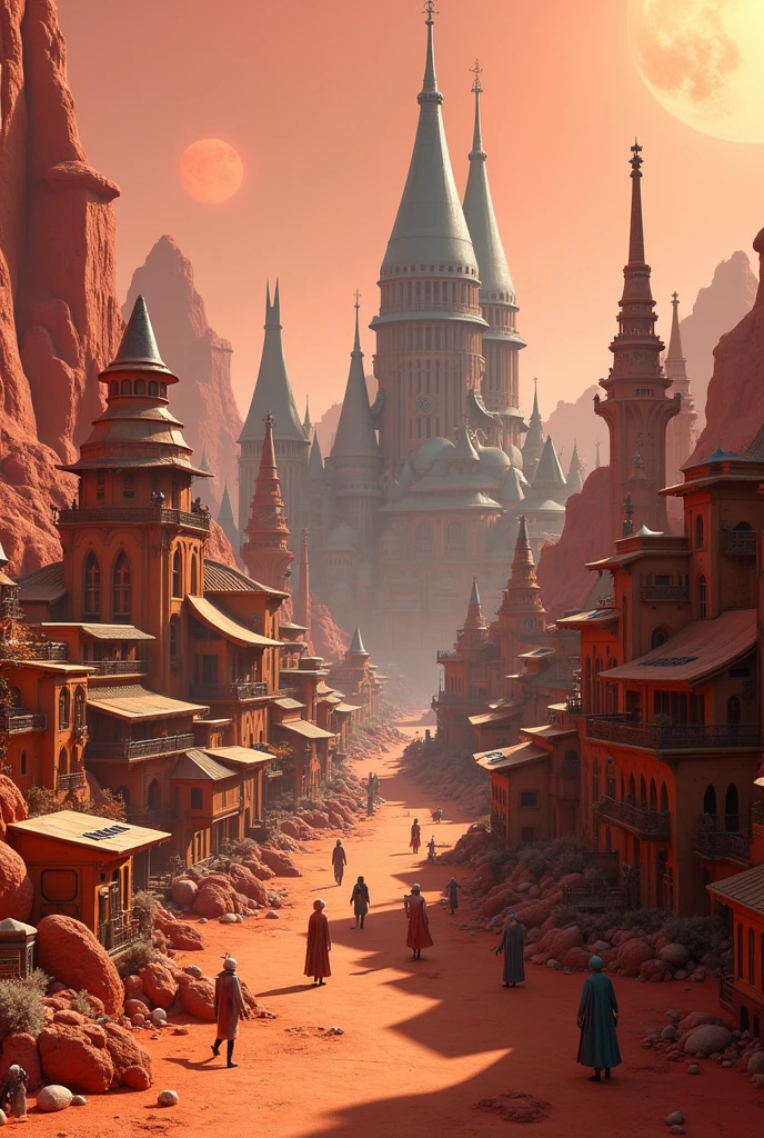 A futuristic old city on the planet Mars with lots of details , 3D animation, Disney pixer