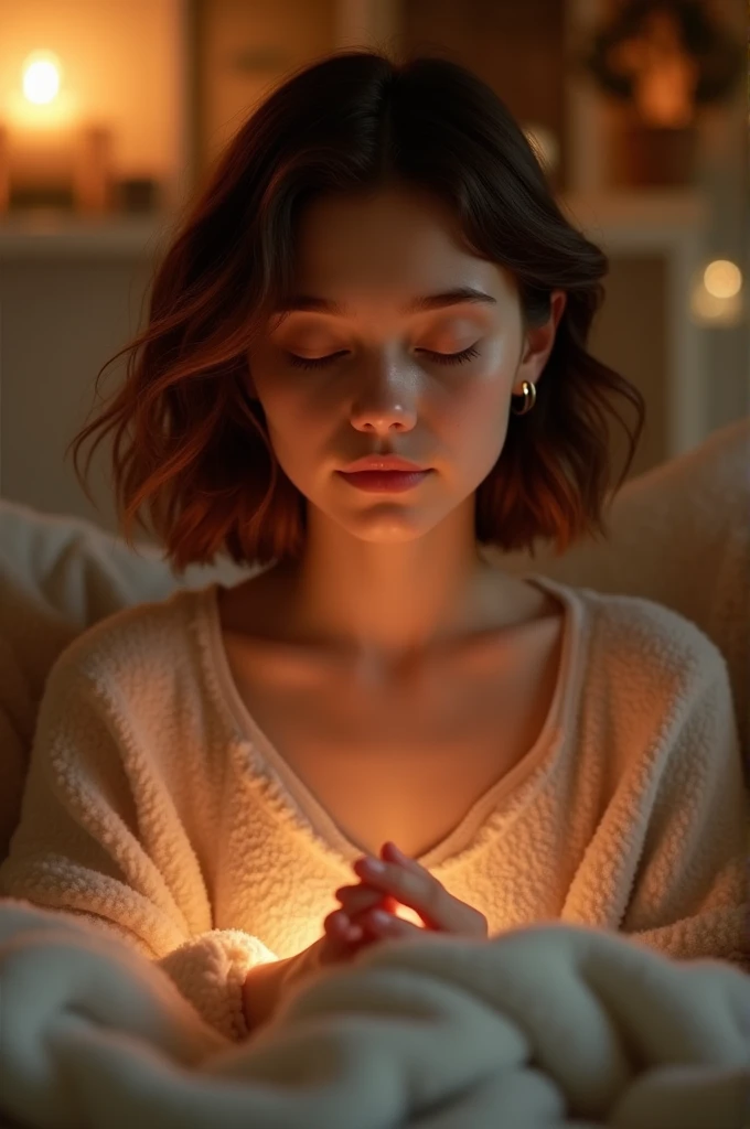 A short brown haired girl with brown eyes doing asmr