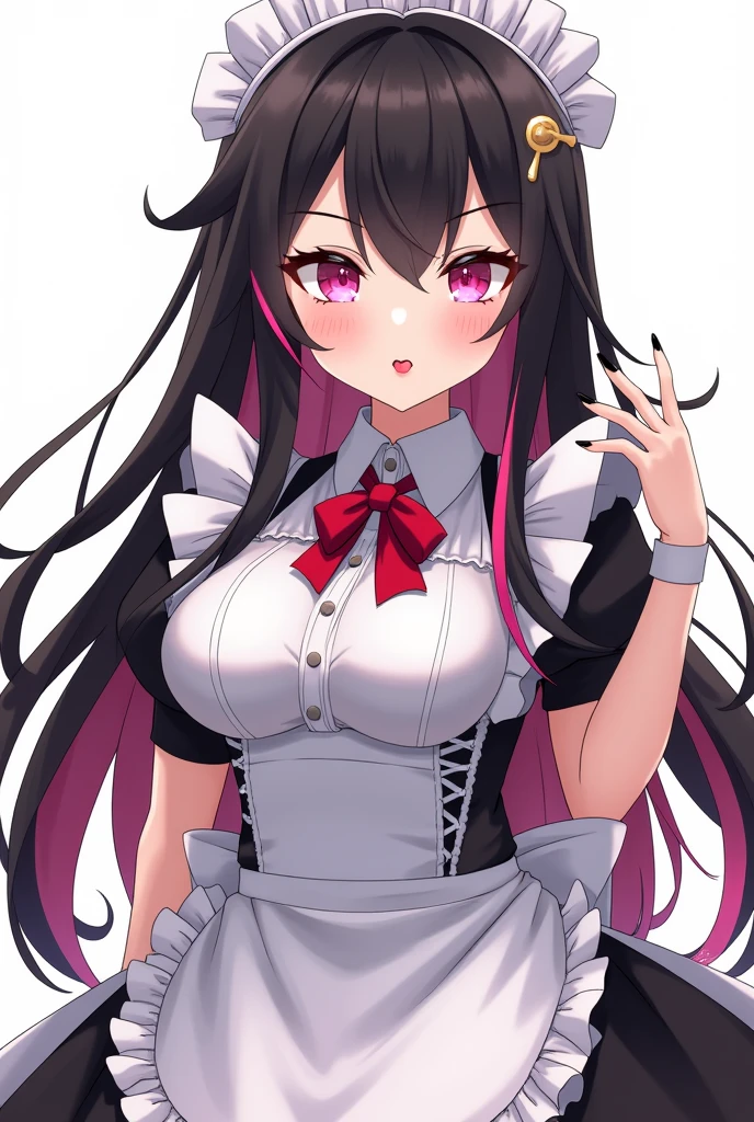 Drawing in the style of Genshin, Adult, Maid clothes, Her black hair has long pink tips,Black bangs, Perfect hands, Sticking out tongue,whole body、Head to toe shot