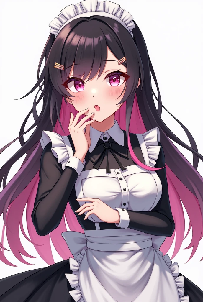 Drawing in the style of Genshin, Adult, Maid clothes, Her black hair has long pink tips,Black bangs, Perfect hands, Sticking out tongue,whole body、Head to toe shot
