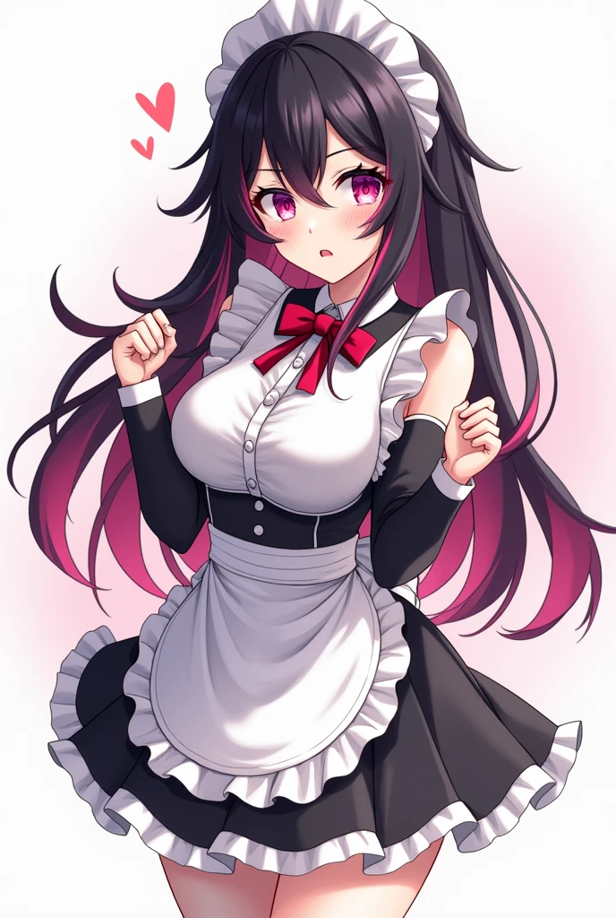 Drawing in the style of Genshin, Adult, Maid clothes, Her black hair has long pink tips,Black bangs, Perfect hands, Sticking out tongue,whole body、Head to toe shot