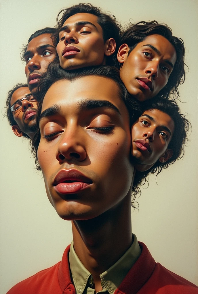 Expressionist artwork images of multiple floating heads of brown men, 3d collage style, make it weird and gallery worthy