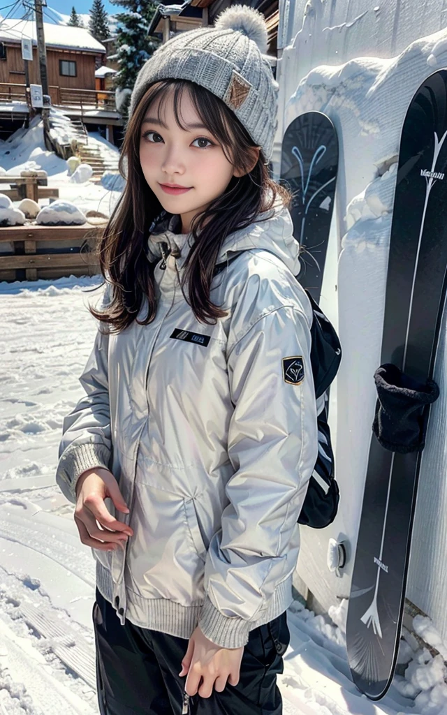Best Quality、masterpiece、Very detailed、beautiful、cute、Cowboy Shots、 1 person、Snowboard Girl、Snowfield、Ski Goggles、Knitted hat、Snowboarding Wear、sunny、beautiful雪山の景色