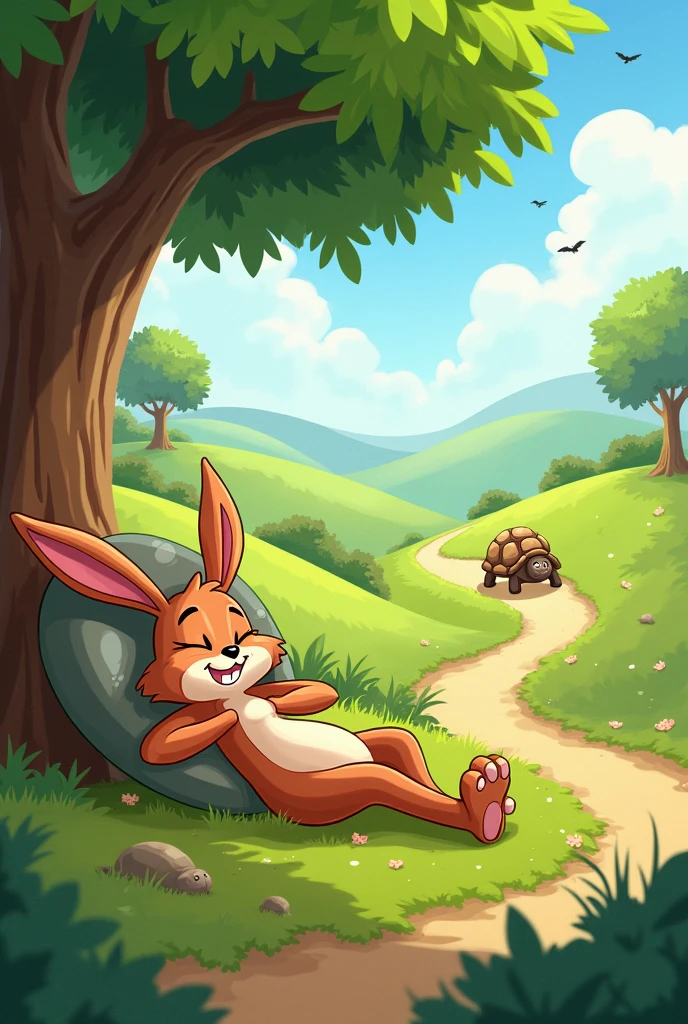 Create animated cartoon cute The Hare Takes a Nap
The Hare was so far ahead that he decided to take a nap under a tree. He thought, “The Tortoise is so slow, I’ll still win even if I sleep a little.” story easy to explain in image also