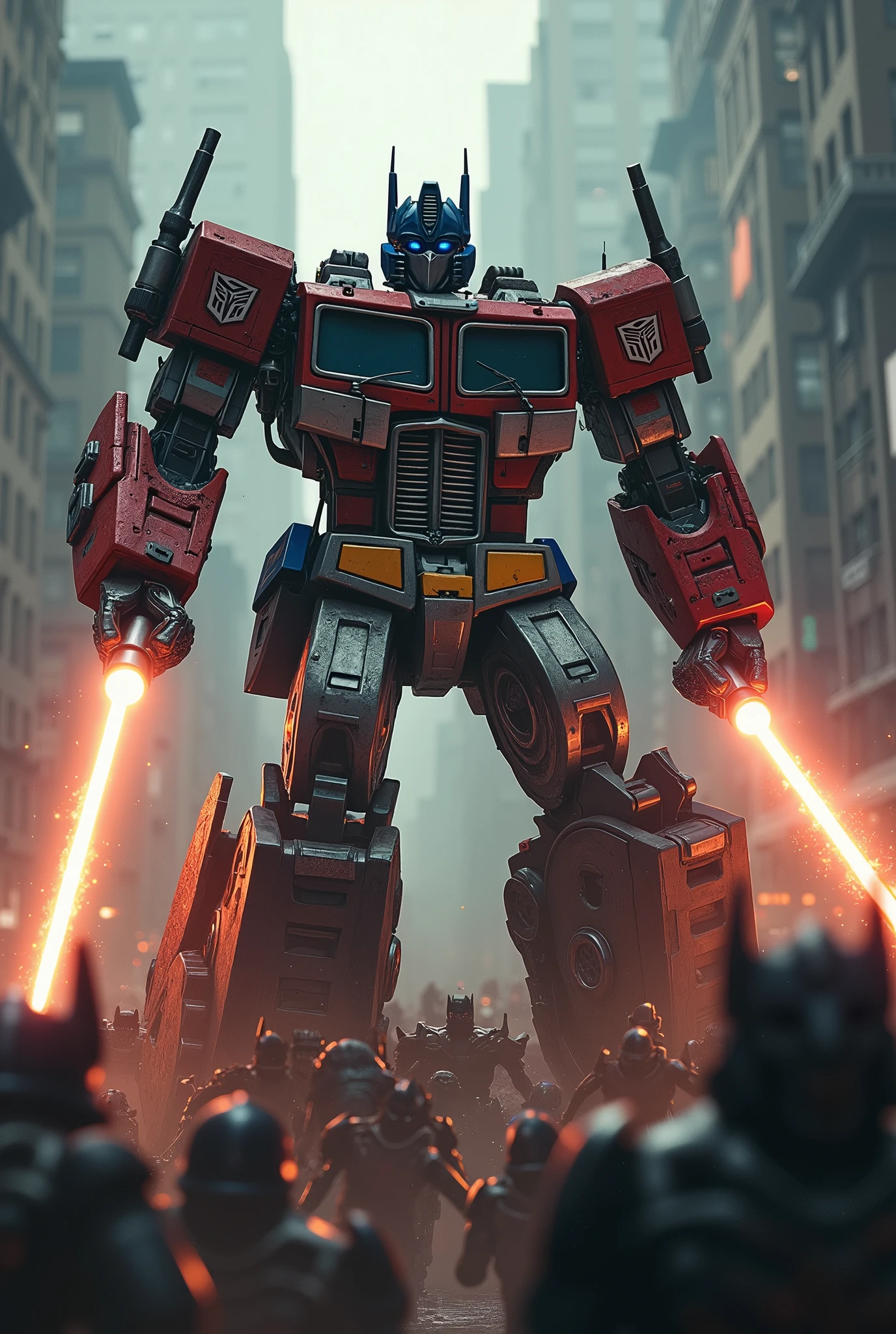 Optimus Prime, robot warrior, fighting off hordes of zombies, intense battle, explosions, bright energy weapons, gritty urban environment, dark shadows, undead creatures swarming, Optimus Prime's heroic poses, detailed mechanical design, weathered battle-damaged armor, cinematic lighting, high contrast, moody color palette, photorealistic, 8k, highly detailed