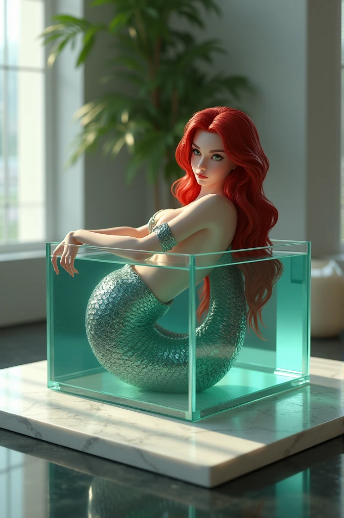 A beautiful, red-haired, realistic mermaid sits curled up in a square aquarium placed in the room.