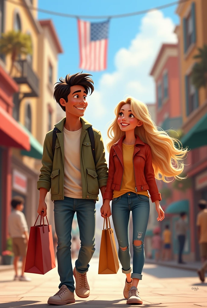 Disney Pixar style cover, a couple with shopping bags, He is Latino WITHOUT a beard with short, wavy hair, She is white with blonde hair, In the distance behind you can see the flag of the United States