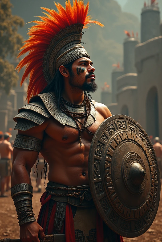 Aztec warrior, typical armor, feather helmet, warrior makeup, wielding a shield, the other hand raised declaring war, Ready to fight, Whole body, yelling, seen from the front, epic perspective, 