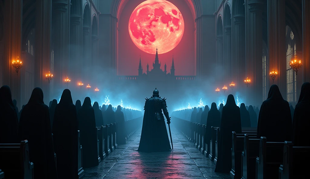 8k、 big red moon ,Equipped with dark knight armor and sword  ,zoom up(number々の賞を受賞したmasterpiece、Incredible detail、Texture、Maximum details),blue flame candle, (summoning magic),(The moonlight at night is beautiful), (dark ritual),(dark organization)arafed image of a group of people in a church with candles,lit candle, dark cinematic concept art, elegant cinematic fantasy art, photorealistic dark concept art, by Beeple, dark robes, wojtek fus, gothic epic library concept, gothic epic library, epic cinematic concept art, dark concept art, Beeple and mike winkelmann, symmetrical epic fantasy art, High resolution, masterpiece, Highest quality, Intricate details, Very detailed, Clear focus, practical skin texture, texture,  Shot with Canon, 85mm, Shallow and deep, Kodak Vision Color, Exactly, Very detailed, photograph_\(Extremist\), photographpractical, practical, Post-processing, Maximum details, Roughness, Real Life, Extremist practical, Photorealism, photographgraphy, 8K Ultra HD, photographgraphy
