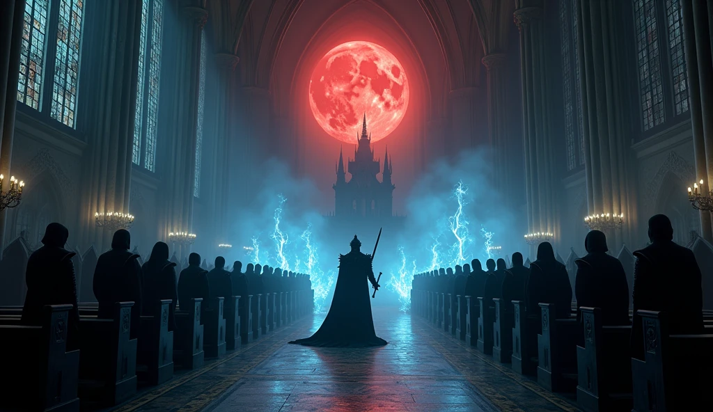 8k、 big red moon ,Equipped with dark knight armor and sword ,zoom up(number々の賞を受賞したmasterpiece、Incredible detail、Texture、Maximum details),blue flame candle, (summoning magic),(The moonlight at night is beautiful), (dark ritual),(dark organization)arafed image of a group of people in a church with candles,lit candle, dark cinematic concept art, elegant cinematic fantasy art, photorealistic dark concept art, by Beeple, dark robes, wojtek fus, gothic epic library concept, gothic epic library, epic cinematic concept art, dark concept art, Beeple and mike winkelmann, symmetrical epic fantasy art, High resolution, masterpiece, Highest quality, Intricate details, Very detailed, Clear focus, practical skin texture, texture, Shot with Canon, 85mm, Shallow and deep, Kodak Vision Color, Exactly, Very detailed, photograph_\(Extremist\), photographpractical, practical, Post-processing, Maximum details, Roughness, Real Life, Extremist practical, Photorealism, photographgraphy, 8K Ultra HD, photographgraphy