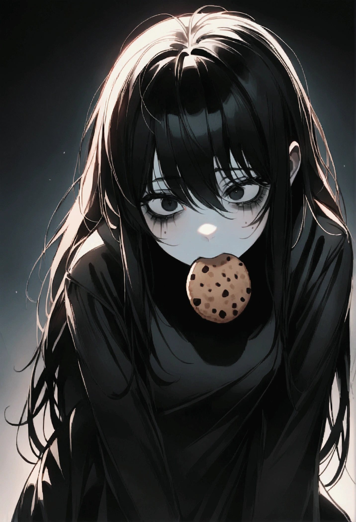 2 young girl, slightly messy long hair, looks sick, has pale skin and dark circles under her eyes, thin and , wears black clothes, is Korean, has big, black, deep eyes, is inspired by the character L from Death note.she is crouched down looking up with a cookie in her mouth