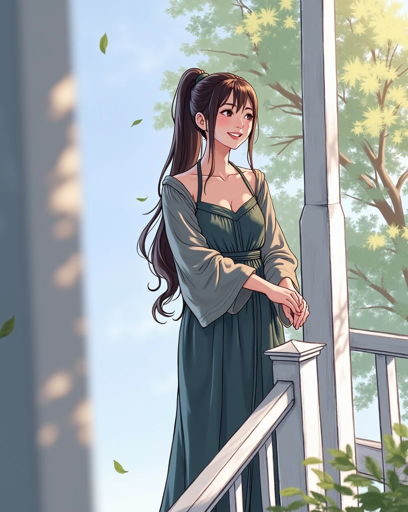 realistic, young asian woman, Long dark brown hair tied into a loose ponytail., Wearing a luxurious dress, Barefoot, smile brightly, Standing on the front porch of the house, Looking from the front