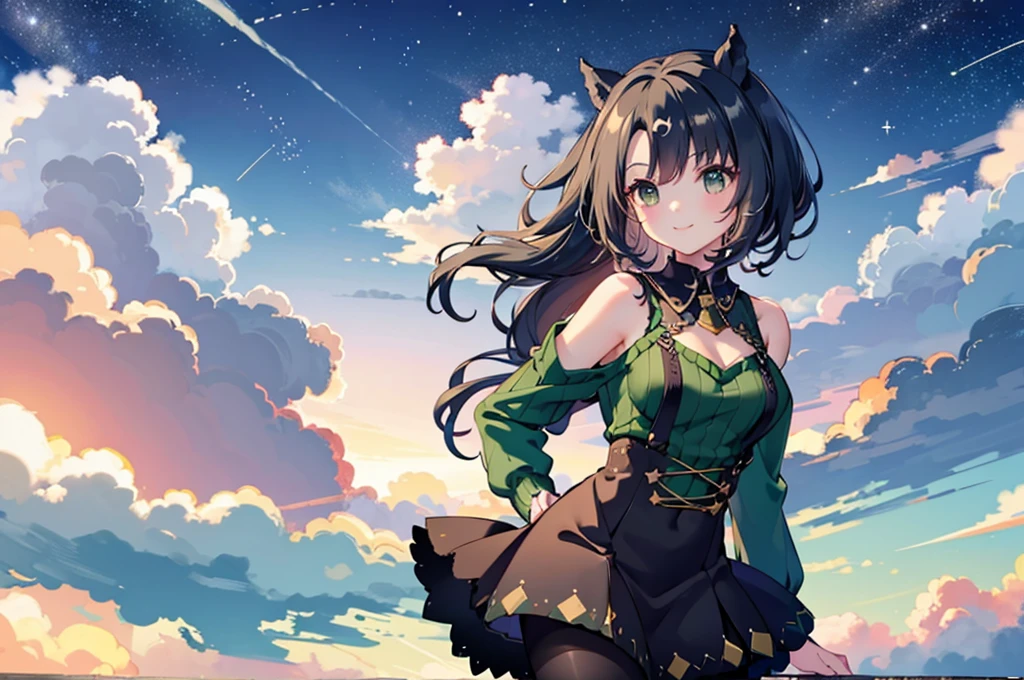 Highest quality、masterpiece、solo、Horse-eared, beautiful breasts, black-haired adult beauty、、Touch your head with your hand、smile、、Shoulder less、Green knit dress、pantyhose、、Starry Sky、Strong winds、Chest centered