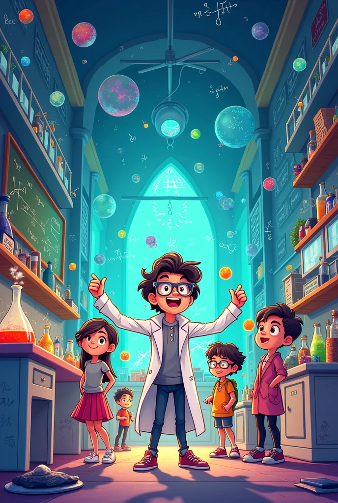 generate a horizontal size meaningful and creative cartoon poster drawing image that focuses on science and math event