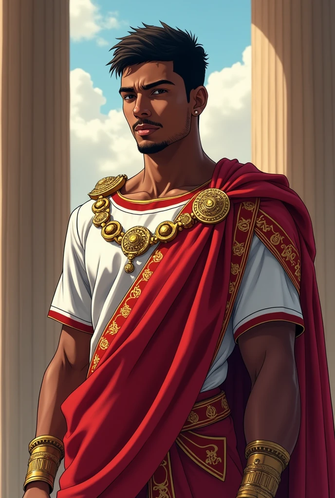 You know what, make me a concept art of lamine yamal (Spanish footballer)in anime style with clothes of a Roman senator from the imperial era. Black skin color and please look like Lamine Yamal. 
