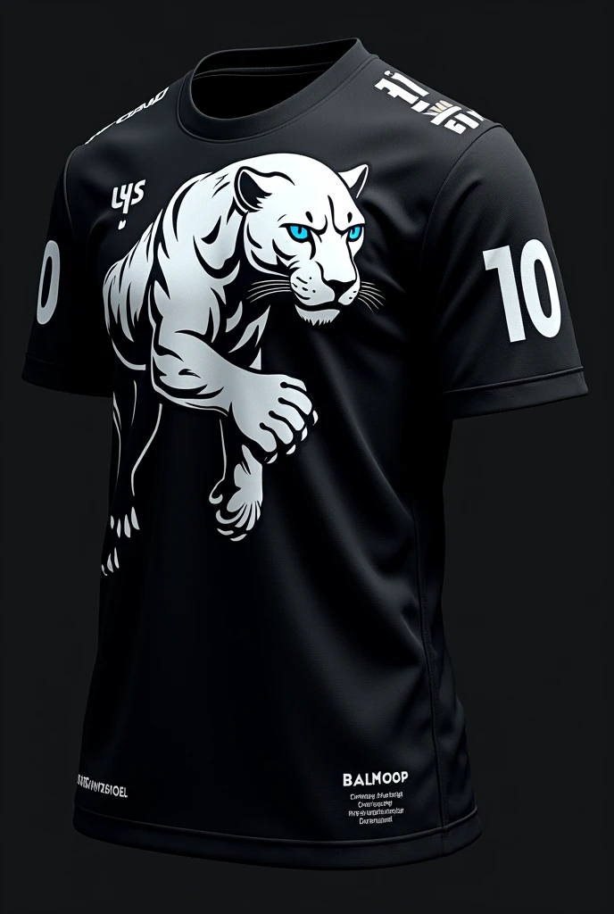 Create a design for a black team jersey with a white leopard with blue eyes on the horizontal side with the number 10 on the sleeves