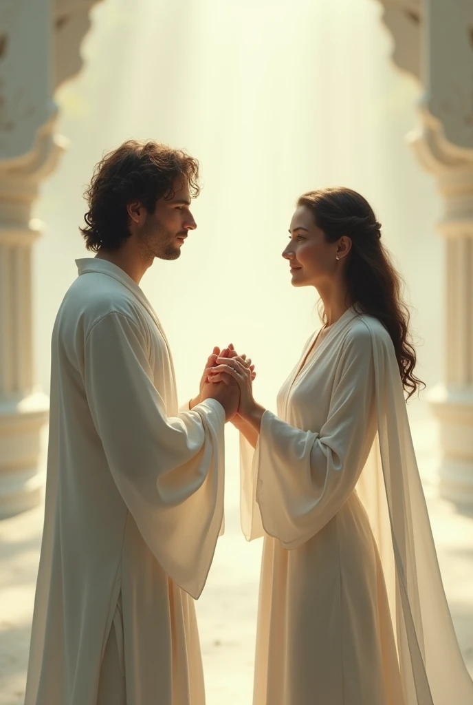 A woman and a man in white clothes, standing with their hands together.