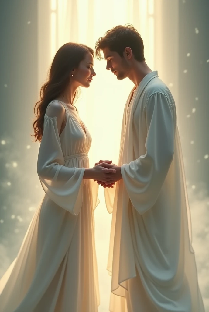 A woman and a man in white clothes, standing with their hands together.