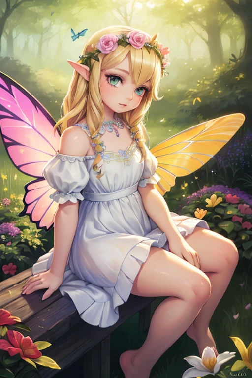 1 fairy girl, portrait, garden, flowers, butterflies, hummingbirds, bees, sitting on grass, flower crown, blonde hair, green eyes, fair skin, fairy wings, white dress, barefoot, (best quality, 4k, 8k, high-res, masterpiece:1.2), ultra detailed, (realistic, photorealistic, photorealistic:1.37), surreal, hyper detailed, fantasy, vibrant colors, dramatic lighting, volumetric lighting, beautiful detailed eyes, beautiful detailed lips, extremely detailed eyes and face, long eyelashes, mystical, ethereal