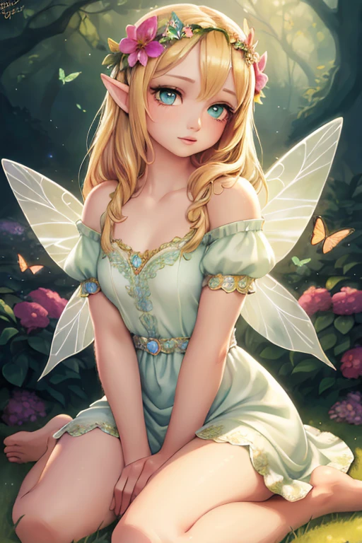 1 fairy girl, portrait, garden, flowers, butterflies, hummingbirds, bees, sitting on grass, flower crown, blonde hair, green eyes, fair skin, fairy wings, white dress, barefoot, (best quality, 4k, 8k, high-res, masterpiece:1.2), ultra detailed, (realistic, photorealistic, photorealistic:1.37), surreal, hyper detailed, fantasy, vibrant colors, dramatic lighting, volumetric lighting, beautiful detailed eyes, beautiful detailed lips, extremely detailed eyes and face, long eyelashes, mystical, ethereal