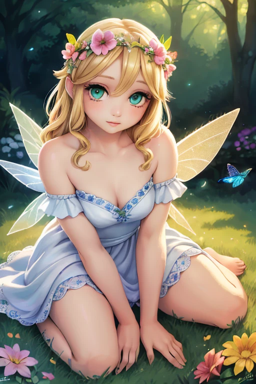 1 fairy girl, portrait, garden, flowers, butterflies, hummingbirds, bees, sitting on grass, flower crown, blonde hair, green eyes, fair skin, fairy wings, white dress, barefoot, (best quality, 4k, 8k, high-res, masterpiece:1.2), ultra detailed, (realistic, photorealistic, photorealistic:1.37), surreal, hyper detailed, fantasy, vibrant colors, dramatic lighting, volumetric lighting, beautiful detailed eyes, beautiful detailed lips, extremely detailed eyes and face, long eyelashes, mystical, ethereal