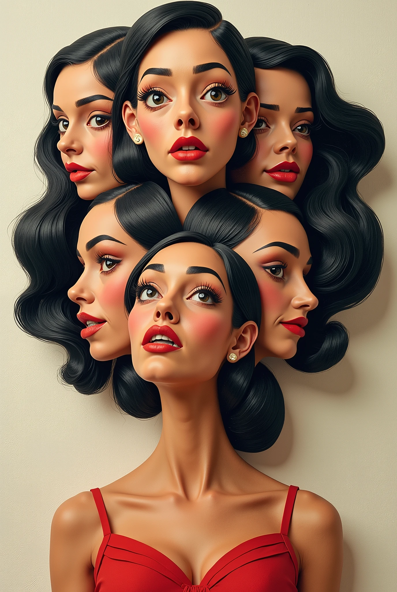 Expressionist artwork images of multiple floating heads of puerto rican women, 3d collage style, make it weird and gallery worthy