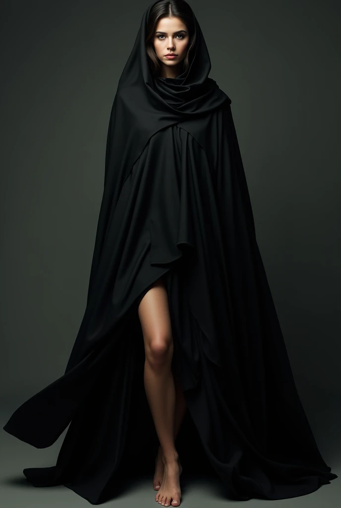 Arab woman wearing black abaya with legs sticking out and raised