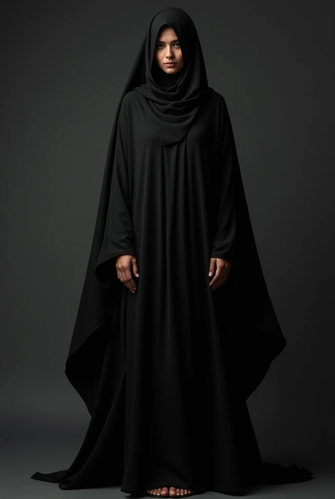 Arab woman wearing black abaya with legs sticking out and raised