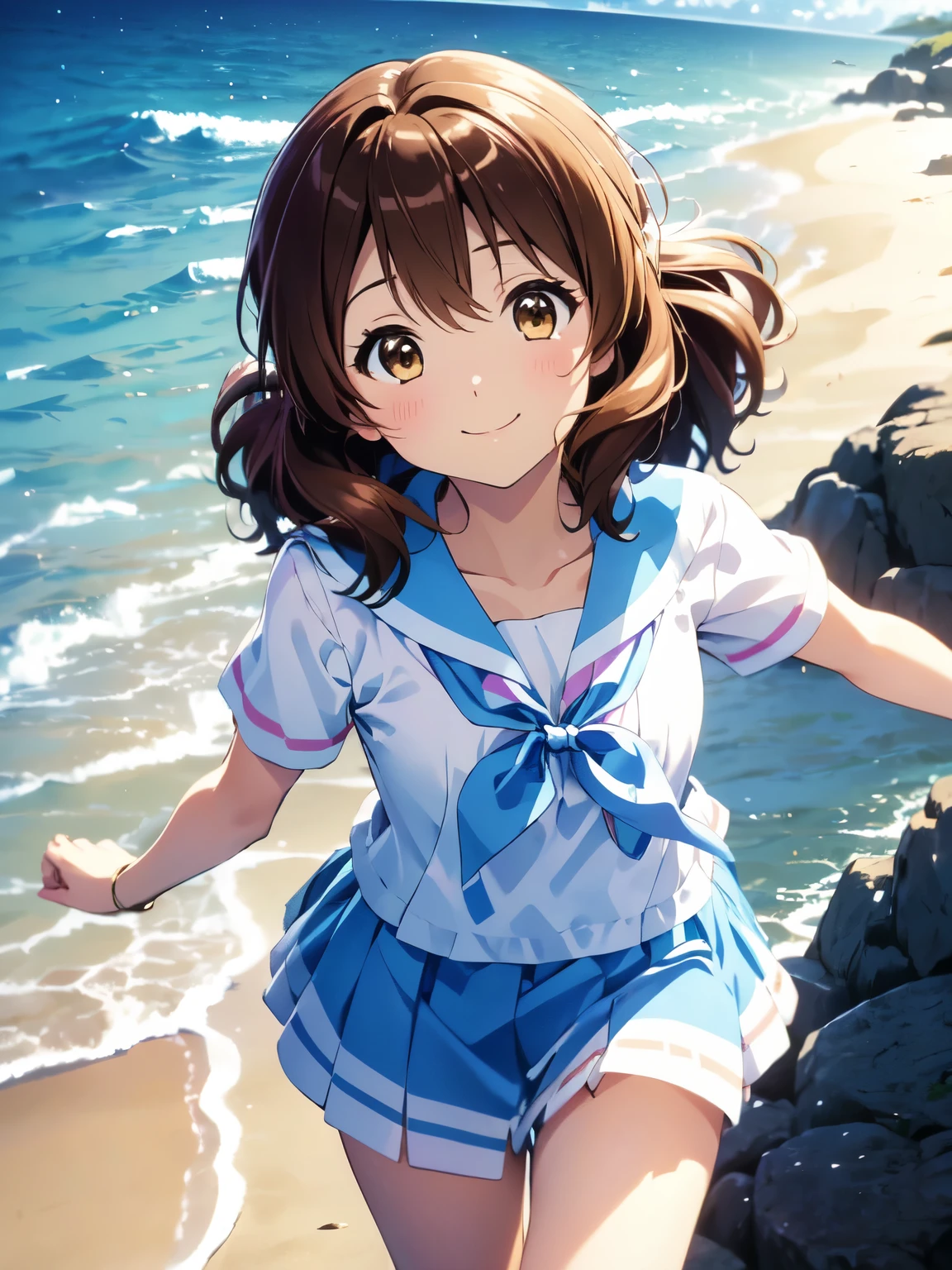 (masterpiece, 最high quality, high quality, High resolution, kumiko oumae、Closed Mouth、smile、Very detailed、beach、stroll,　最high quality、Like a lift-up、smile、running