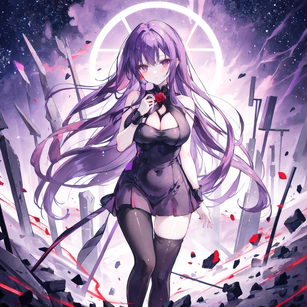 Bare shoulders，Plump breasts，tights，Holding the broken red rose in hand，long purple hair，magic circle，black stockings，Slender figure