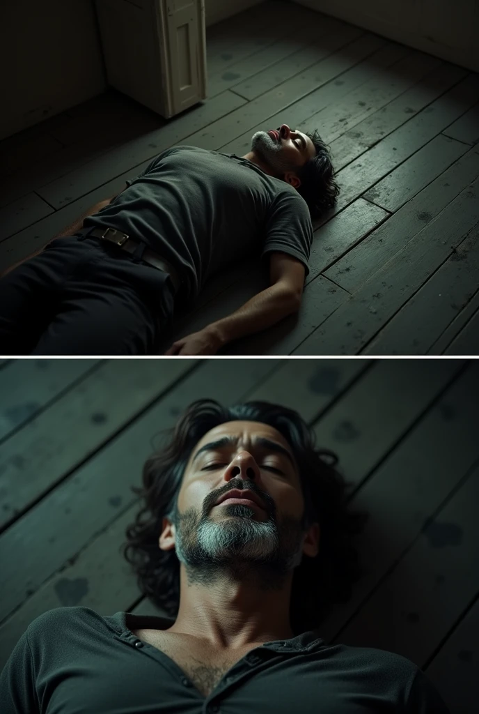A overhead shot and close-up of Jorge lying on the floor 