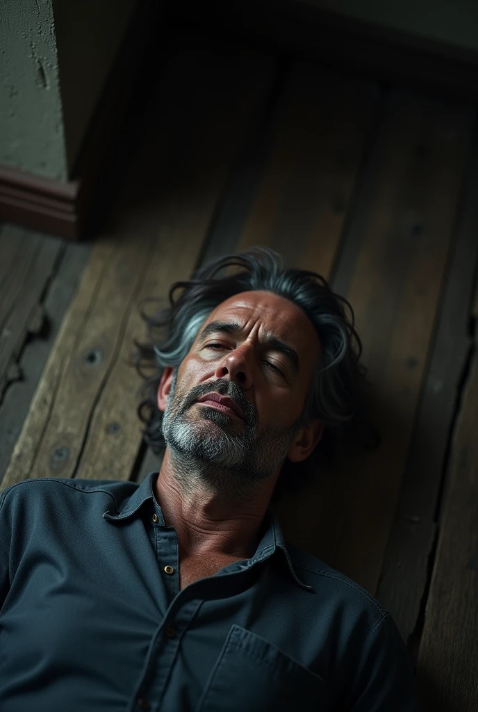 A overhead shot and close-up of Jorge lying on the floor